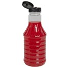 16 oz. Clear PET Hot-Fill Decanter Bottle with 38/400 Black Ribbed Snap-Top Dispensing Cap