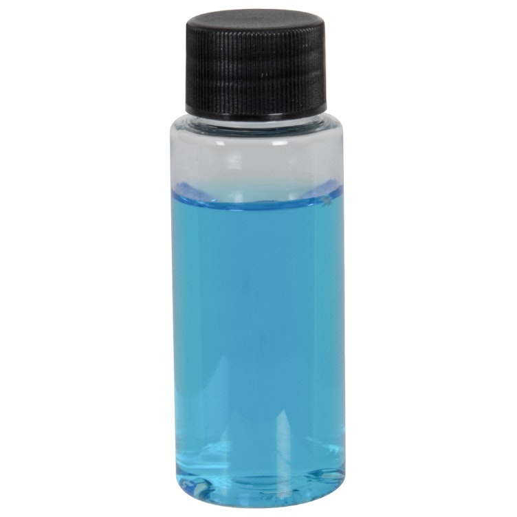 2 oz. Clear PET Cylindrical Bottle with 20/410 Black Ribbed Cap with F217 Liner
