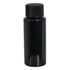 1 oz. Black PET Cylindrical Bottle with 20/410 Black Ribbed Cap with F217 Liner