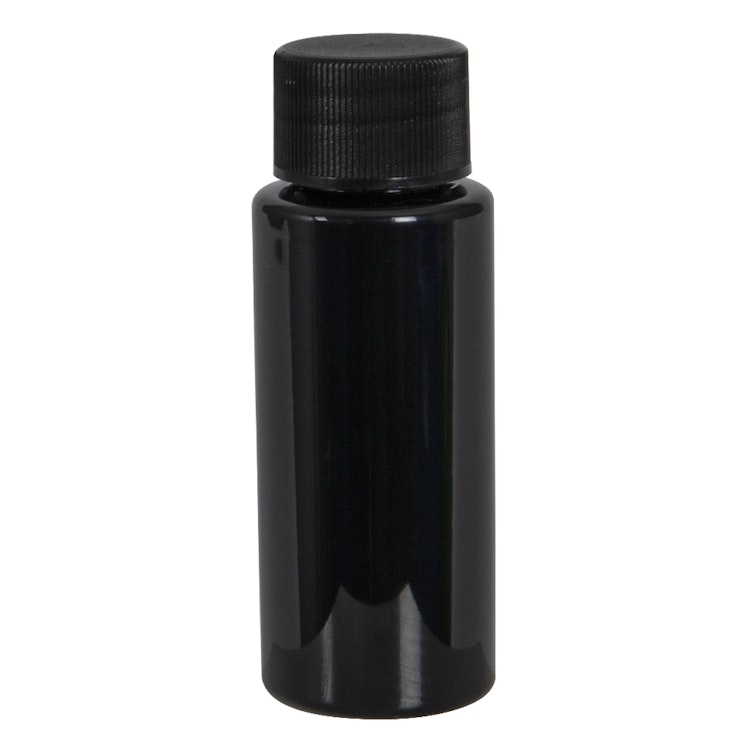 1 oz. Black PET Cylindrical Bottle with 20/410 Black Ribbed Cap with F217 Liner