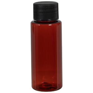 1 oz. Amber PET Cylindrical Bottle with 20/410 Black Ribbed Cap with F217 Liner
