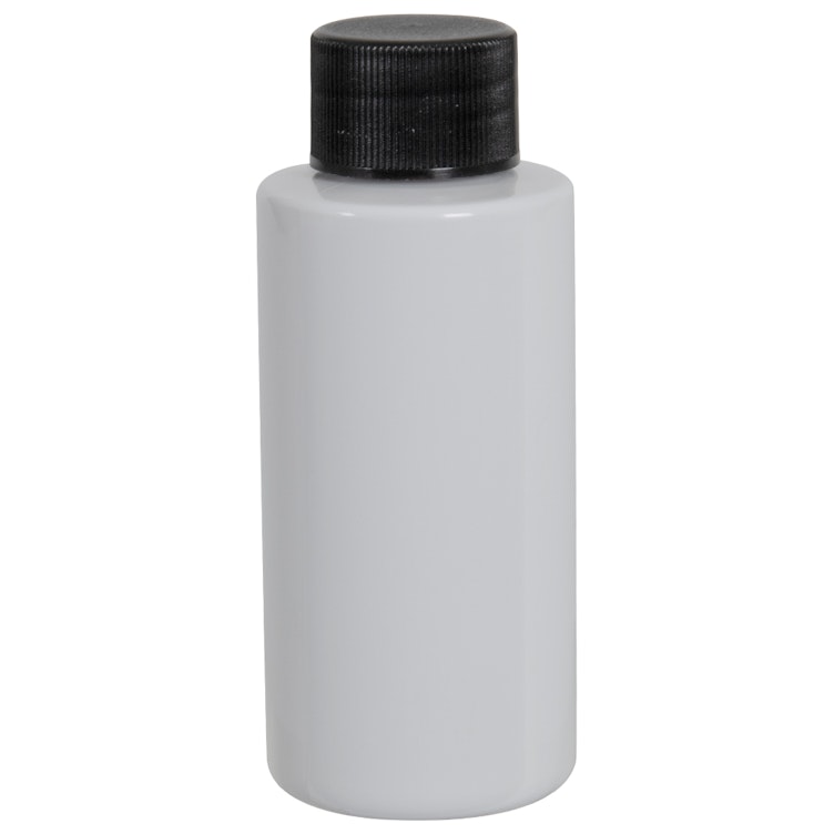 2 oz. White PET Cylindrical Bottle with 20/410 Black Ribbed Cap with F217 Liner