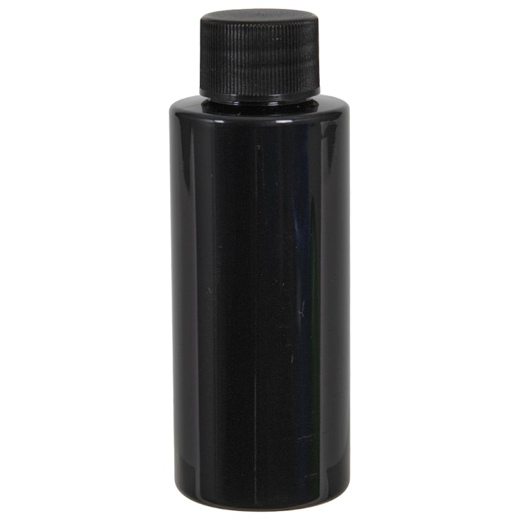 2 oz. Black PET Cylindrical Bottle with 20/410 Black Ribbed Cap with F217 Liner