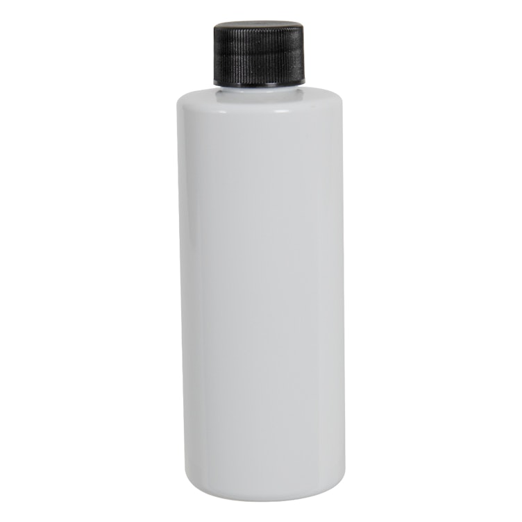 4 oz. White PET Cylindrical Bottle with 20/410 Black Ribbed Cap with F217 Liner