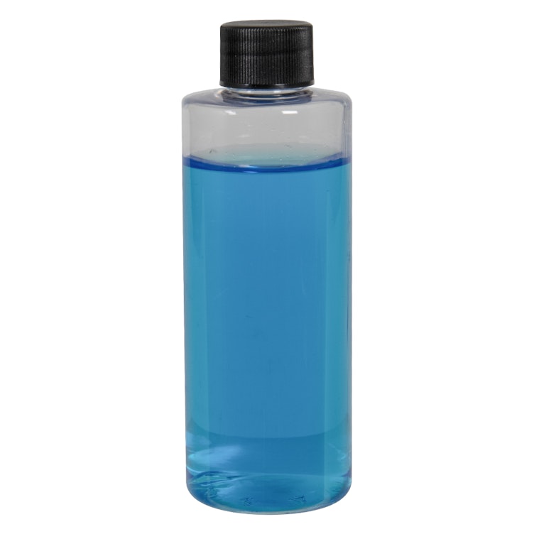 4 oz. Clear PET Cylindrical Bottle with 20/410 Black Ribbed Cap with F217 Liner