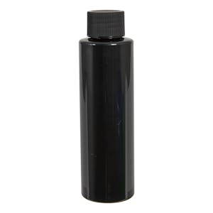 4 oz. Black PET Cylindrical Bottle with 24/410 Black Ribbed Cap with F217 Liner