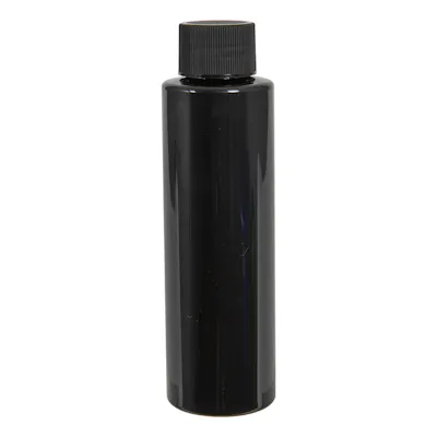 4 oz. Black PET Cylindrical Bottle with 24/410 Black Ribbed Cap with F217 Liner