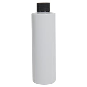 8 oz. White PET Cylindrical Bottle with 24/410 Black Ribbed Cap with F217 Liner