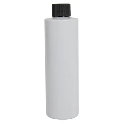 8 oz. White PET Cylindrical Bottle with 24/410 Black Ribbed Cap with F217 Liner