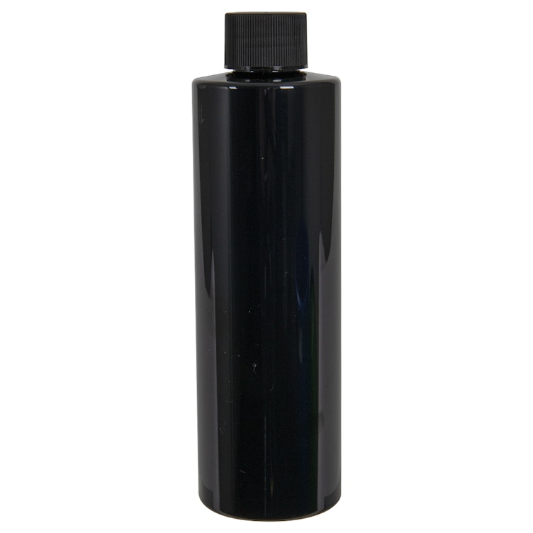 8 oz. Black PET Cylindrical Bottle with 24/410 Black Ribbed Cap with F217 Liner