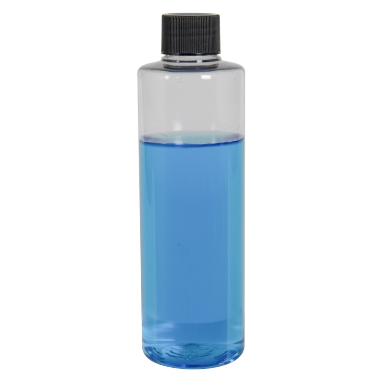 8 oz. Clear PET Cylindrical Bottle with 24/410 Black Ribbed Cap with F217 Liner