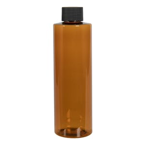 8 oz. Amber PET Cylindrical Bottle with 24/410 Black Ribbed Cap with F217 Liner