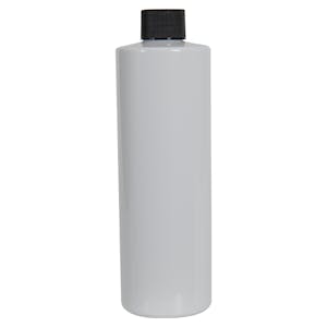 12 oz. White PET Cylindrical Bottle with 24/410 Black Ribbed Cap with F217 Liner