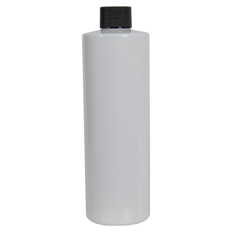 12 oz. White PET Cylindrical Bottle with 24/410 Black Ribbed Cap with F217 Liner