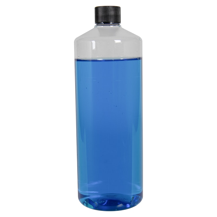 32 oz. Clear PET Cylindrical Bottle with 28/410 Black Ribbed Cap with F217 Liner