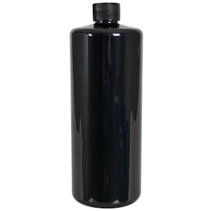 32 oz. Black PET Cylindrical Bottle with 28/410 Black Ribbed Cap with F217 Liner
