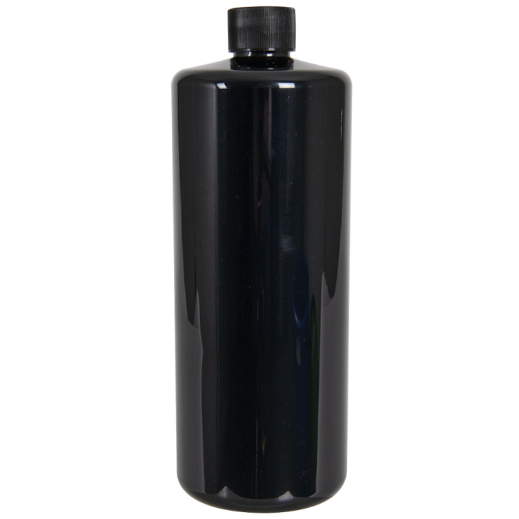 32 oz. Black PET Cylindrical Bottle with 28/410 Black Ribbed Cap with F217 Liner
