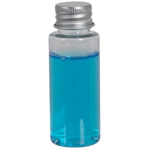 1 oz. Clear PET Cylindrical Bottle with 20/410 Brushed Silver Aluminum Cap with Foam Liner