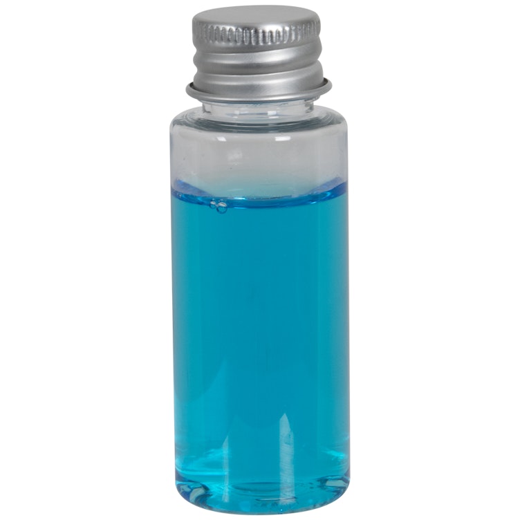 1 oz. Clear PET Cylindrical Bottle with 20/410 Brushed Silver Aluminum Cap with Foam Liner