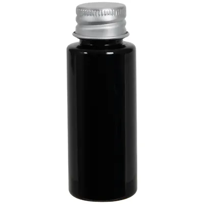 1 oz. Black PET Cylindrical Bottle with 20/410 Brushed Silver Aluminum Cap with Foam Liner