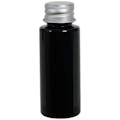 1 oz. Black PET Cylindrical Bottle with 20/410 Brushed Silver Aluminum Cap with Foam Liner