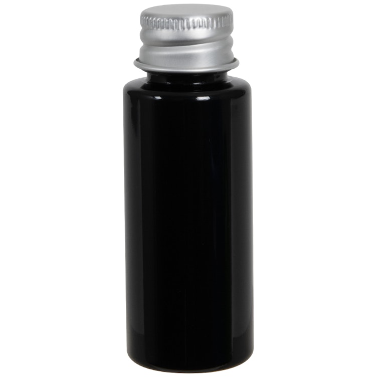 1 oz. Black PET Cylindrical Bottle with 20/410 Brushed Silver Aluminum Cap with Foam Liner