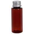 1 oz. Amber PET Cylindrical Bottle with 20/410 Brushed Silver Aluminum Cap with Foam Liner