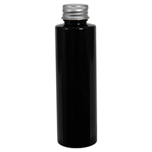 4 oz. Black PET Cylindrical Bottle with 24/410 Brushed Silver Aluminum Cap with Foam Liner