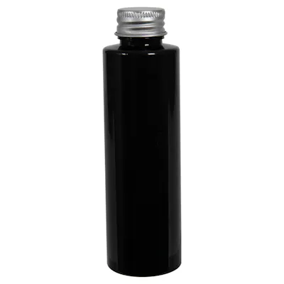 4 oz. Black PET Cylindrical Bottle with 24/410 Brushed Silver Aluminum Cap with Foam Liner