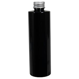 8 oz. Black PET Cylindrical Bottle with 24/410 Brushed Silver Aluminum Cap with Foam Liner