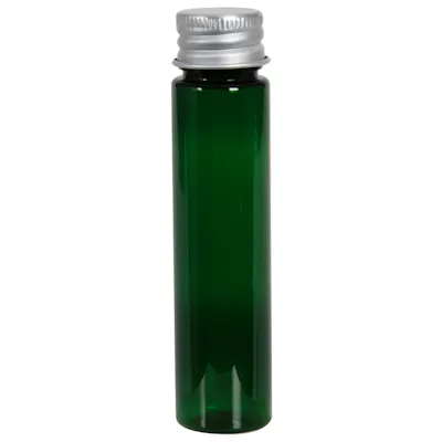 1 oz. Green PET Slim Cylindrical Bottle with 20/410 Brushed Silver Aluminum Cap with Foam Liner