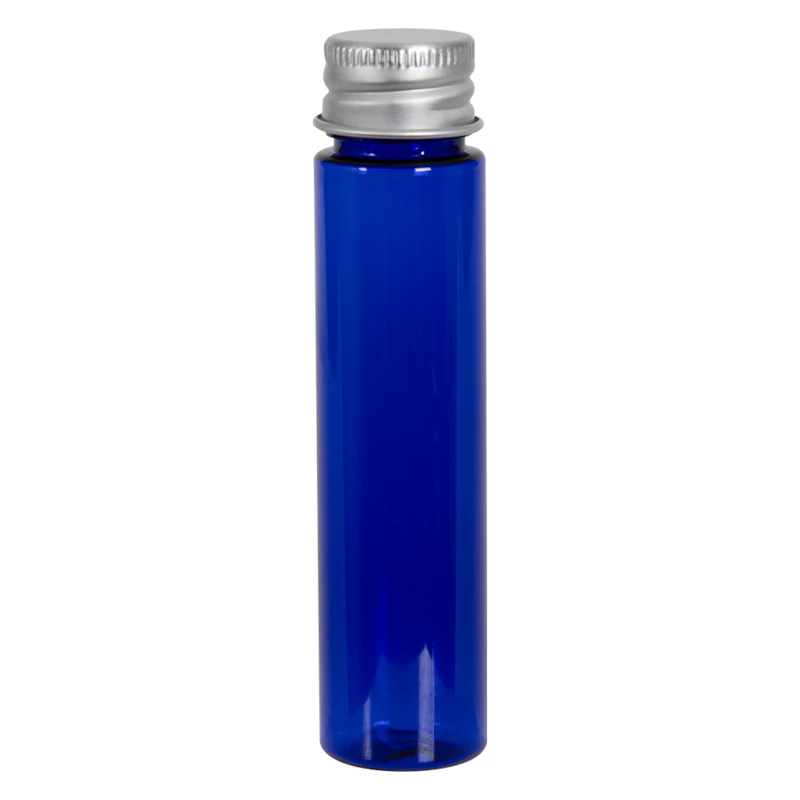 1 oz. Cobalt Blue PET Slim Cylindrical Bottle with 20/410 Brushed Silver Aluminum Cap with Foam Liner
