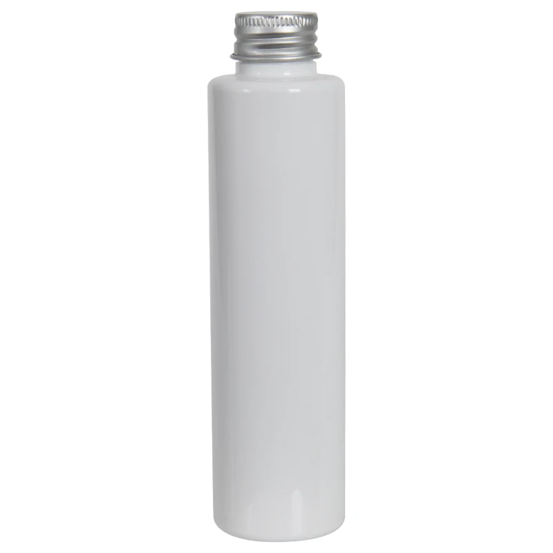 4 oz. White PET Slim Cylindrical Bottle with 24/410 Brushed Silver Aluminum Cap with Foam Liner