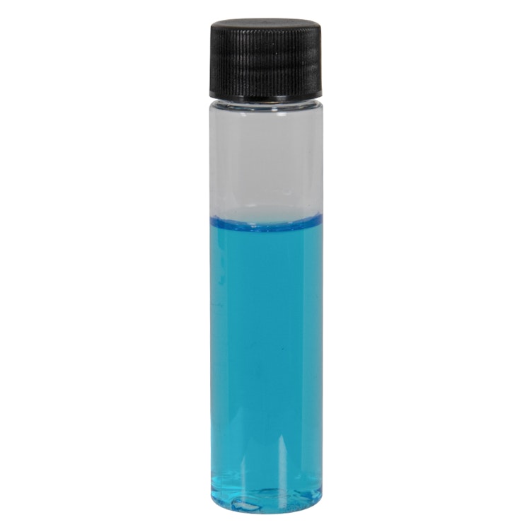 1 oz. Clear PET Slim Cylindrical Bottle with 20/410 Black Ribbed Cap with F217 Liner