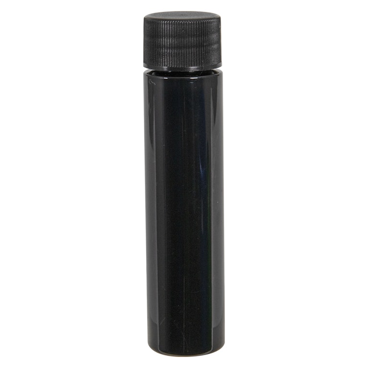 1 oz. Black PET Slim Cylindrical Bottle with 20/410 Black Ribbed Cap with F217 Liner