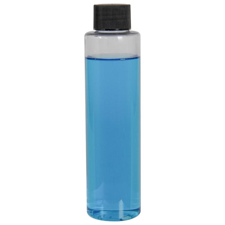 4 oz. Clear PET Slim Cylindrical Bottle with 24/410 Black Ribbed Cap with F217 Liner