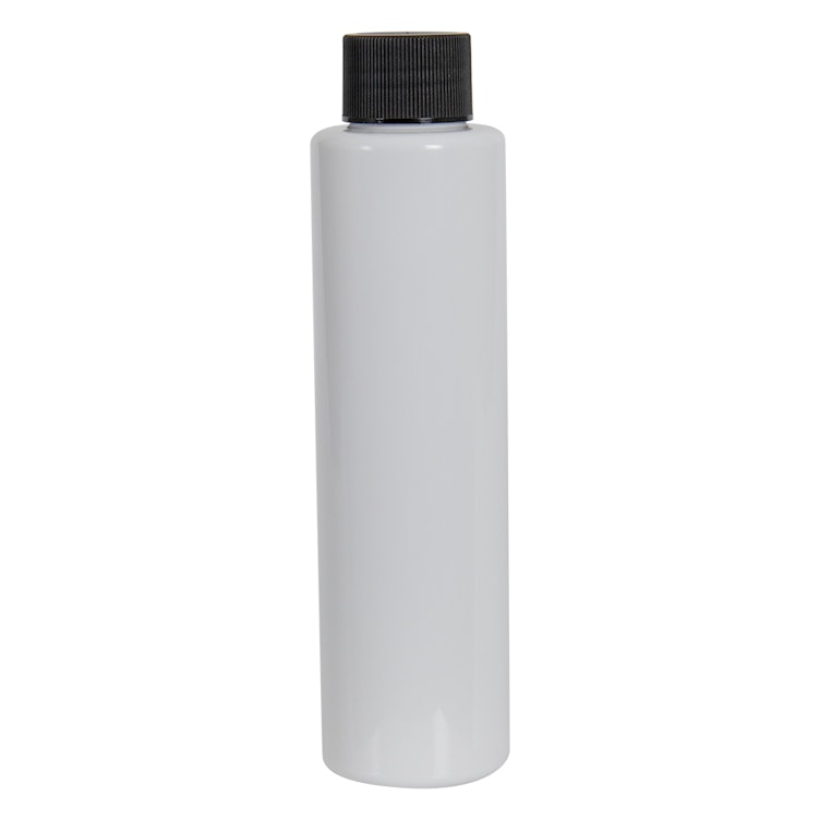 4 oz. White PET Slim Cylindrical Bottle with 24/410 Black Ribbed Cap with F217 Liner