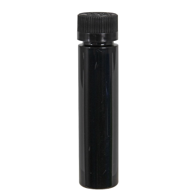 1 oz. Black PET Slim Cylindrical Bottle with 20/400 Black Ribbed CRC Cap with F217 Liner