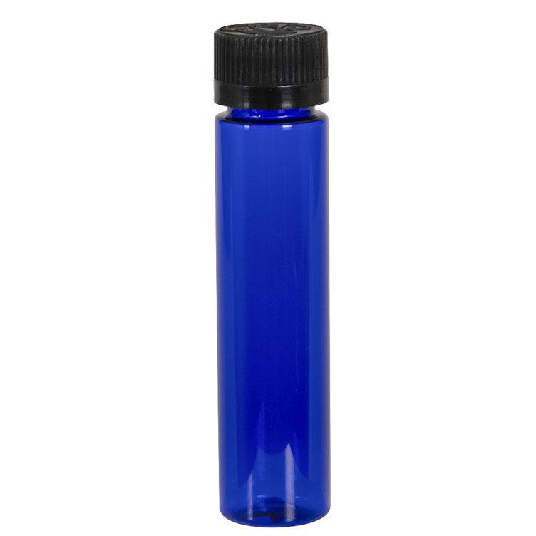 1 oz. Cobalt Blue PET Slim Cylindrical Bottle with 20/400 Black Ribbed CRC Cap with F217 Liner