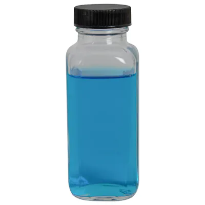 4 oz. Wide Mouth French Square Glass Bottle with 33/400 Black Ribbed Cap with F217 Liner