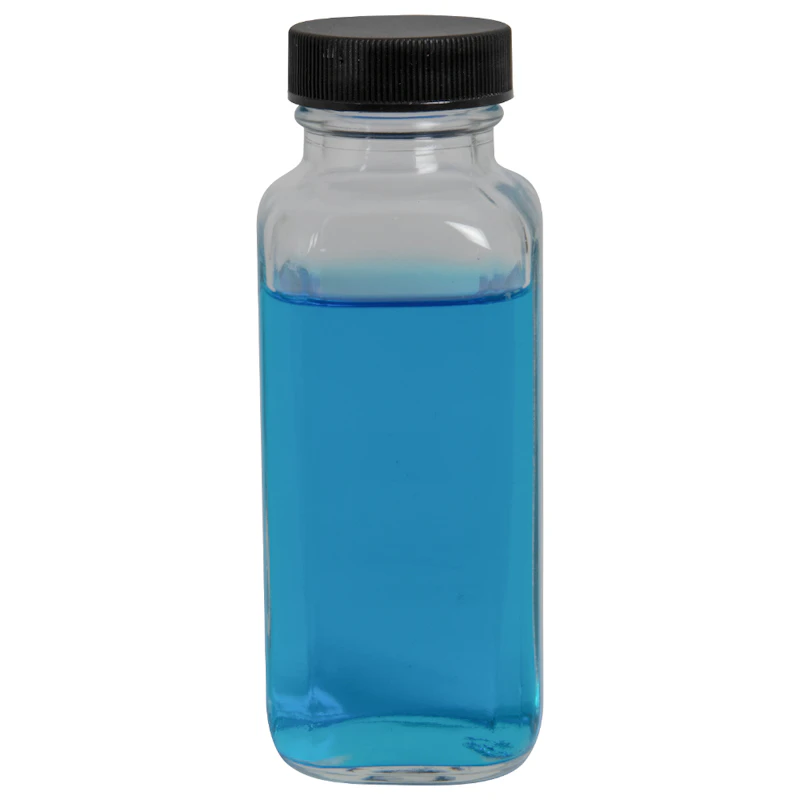 4 oz. Wide Mouth French Square Glass Bottle with 33/400 Black Ribbed Cap with F217 Liner