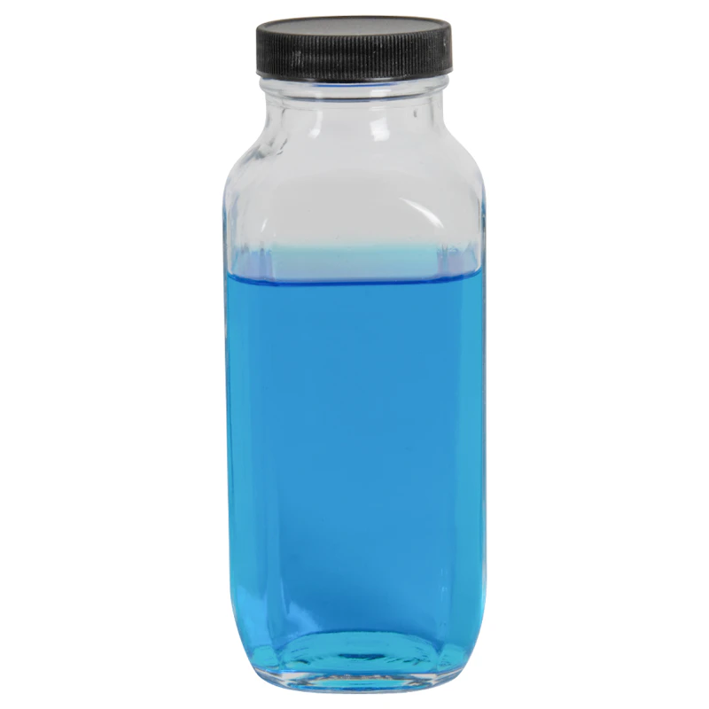 16 oz. Wide Mouth French Square Glass Bottle with 48/400 Black Ribbed Cap with F217 Liner