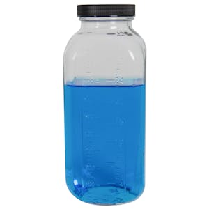 32 oz. Wide Mouth French Square Glass Bottle with 58/400 Black Ribbed Cap with F217 Liner