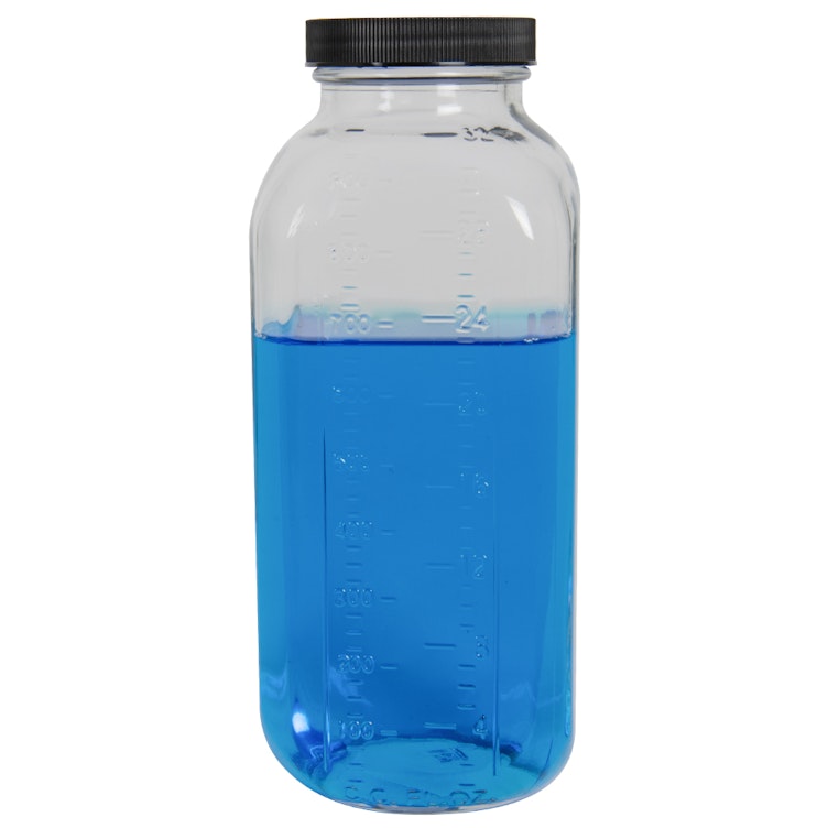 32 oz. Wide Mouth French Square Glass Bottle with 58/400 Black Ribbed Cap with F217 Liner