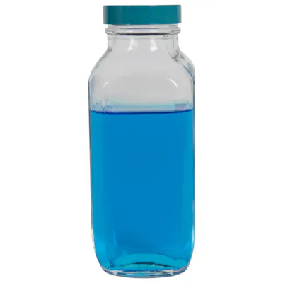 16 oz. Wide Mouth French Square Glass Bottle with 48/400 Green Melamine Cap with F217 & PTFE Liner