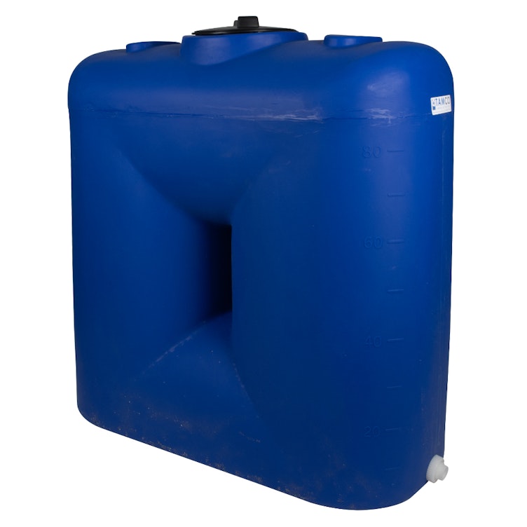 200 Gallon Blue LLDPE Tamco® Rectangular Dual-Barrel Doorway Tank with 8" Plain Lid, 3/4" FNPT Connection & 25 Gallon Graduations - 52" L x 25" W x 44-1/2" Hgt.