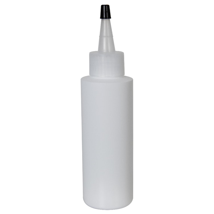 4 oz. White LDPE Cylindrical Bottle with 24/410 Natural Yorker Dispensing Cap with Regular Black Tip
