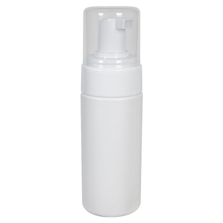 120mL White HDPE Foaming-Style Cylinder Bottle with 43mm White Polypropylene Dispensing Foaming Pump & Clear Overcap