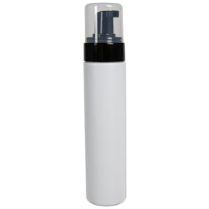 240mL White HDPE Foaming-Style Cylinder Bottle with 43mm Black Polypropylene Dispensing Foaming Pump & Clear Overcap