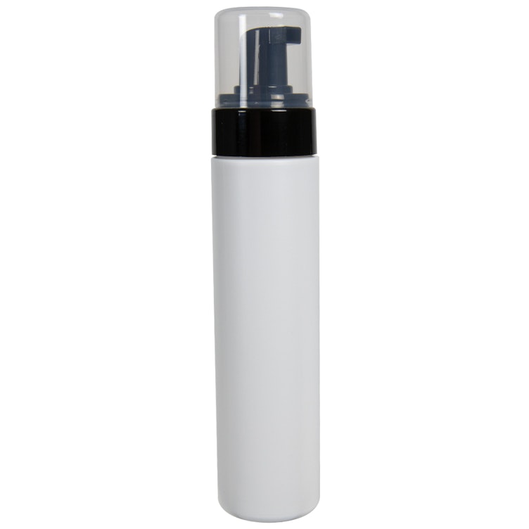240mL White HDPE Foaming-Style Cylinder Bottle with 43mm Black Polypropylene Dispensing Foaming Pump & Clear Overcap